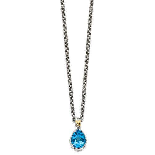 Sterling Silver with 14K Accent Antiqued Pear Swiss Blue Topaz Necklace
