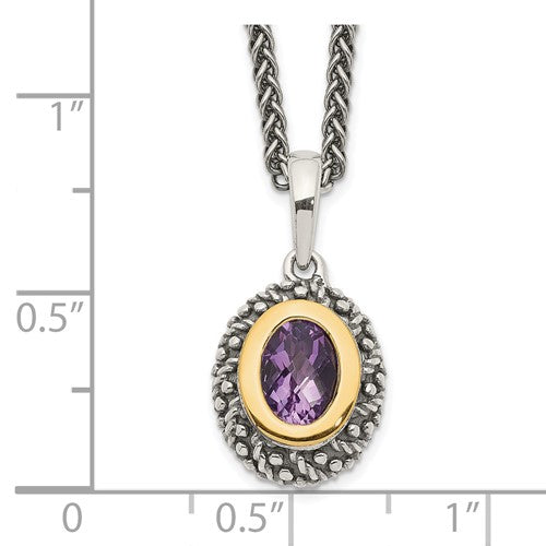 Sterling Silver with 14K Accent Antiqued Oval Amethyst Necklace