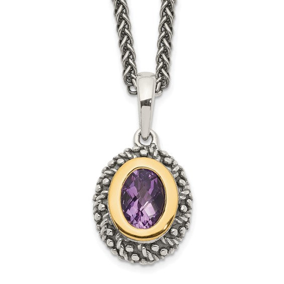 Sterling Silver with 14K Accent Antiqued Oval Amethyst Necklace
