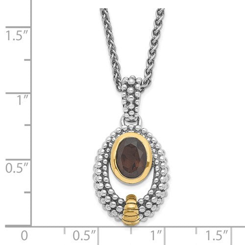 Sterling Silver with 14K Accent Antiqued Oval Smoky Quartz Necklace