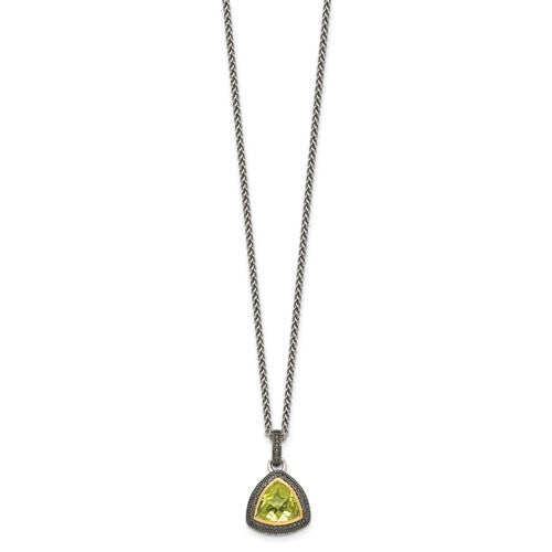 Sterling Silver with 14K Accent Antiqued Trillion Lemon Quartz Necklace