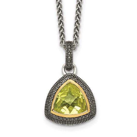 Sterling Silver with 14K Accent Antiqued Trillion Lemon Quartz Necklace