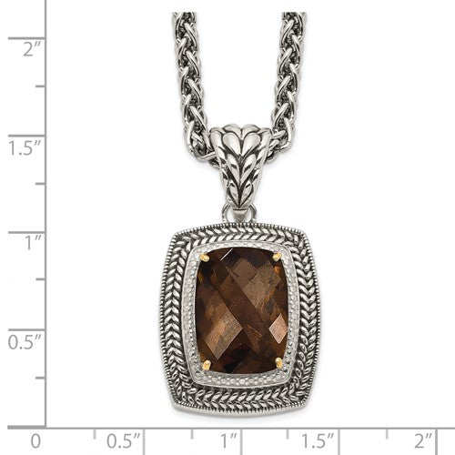 Sterling Silver with 14K Accent Antiqued Cushion Smoky Quartz Necklace