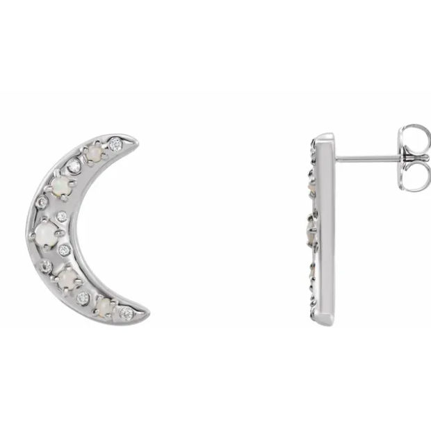 Aster Opal & Diamond Crescent Moon Earrings