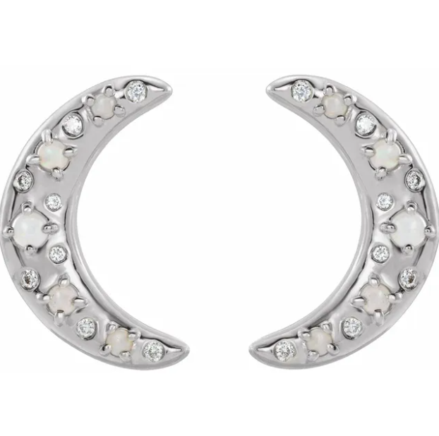 Aster Opal & Diamond Crescent Moon Earrings
