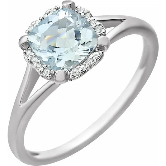 Peony Aquamarine & Diamond Halo Style Ring