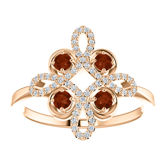 Clover Garnet and Diamond Ring