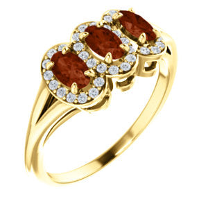 Plumeria Three Stone Garnet and Diamond Ring