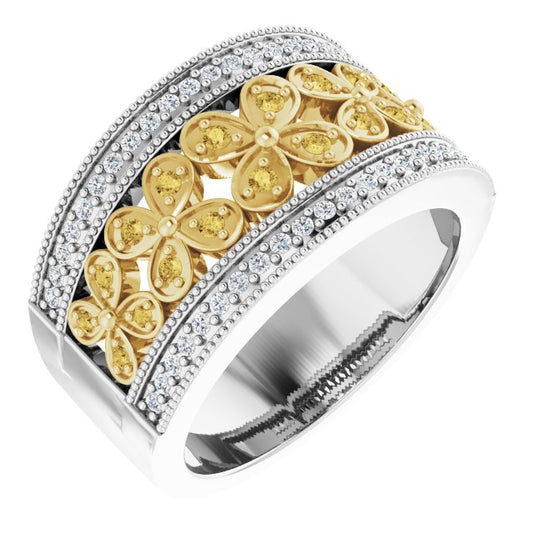Daisy Yellow & White Diamond Floral Wide Band