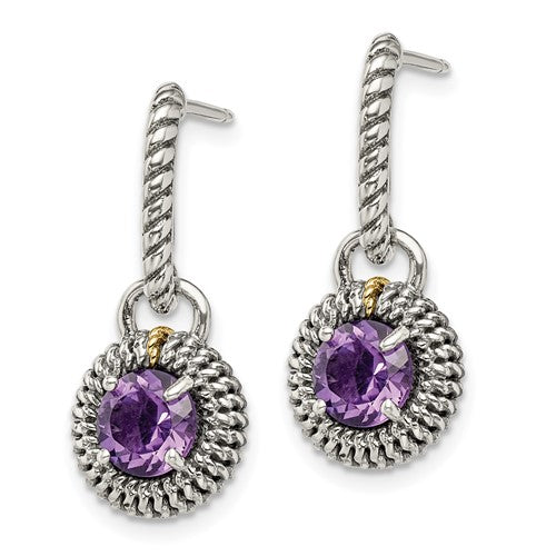 Sterling Silver with 14K Accent Antiqued Round Amethyst Dangle Earrings