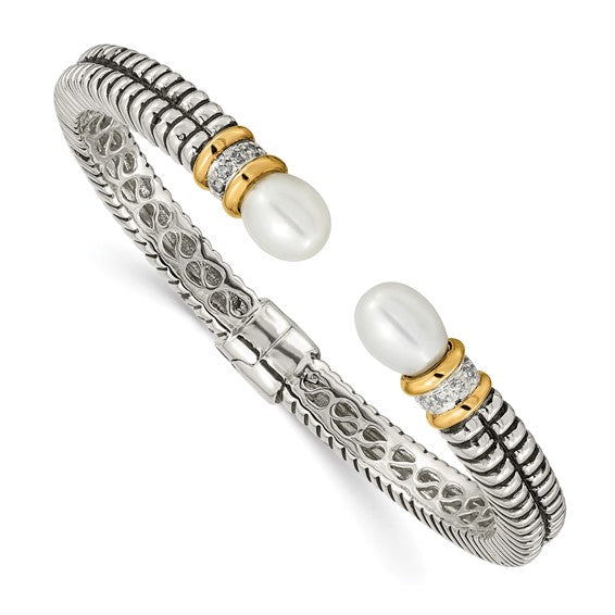 Sterling Silver with 14K Accent Antiqued Freshwater Pearl and Diamond Hinged Cuff Bracelet