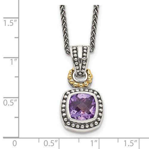 Sterling Silver with 14K Accent Antiqued Bezel Cushion Amethyst Necklace