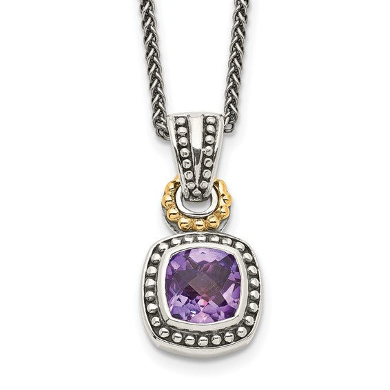 Sterling Silver with 14K Accent Antiqued Bezel Cushion Amethyst Necklace