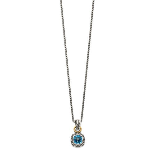 Sterling Silver with 14K Accent Antiqued Cushion Checkerboard Swiss Blue Topaz Necklace