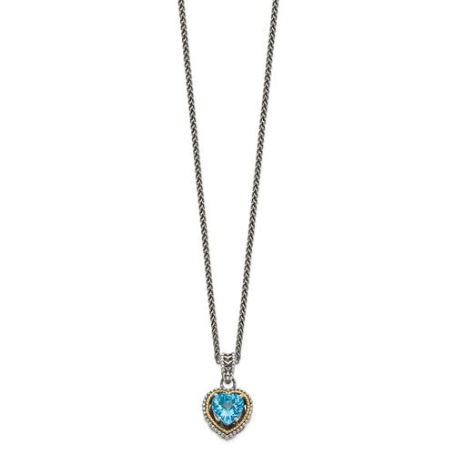 Sterling Silver with 14K Accent Antiqued Heart Swiss Blue Topaz Necklace