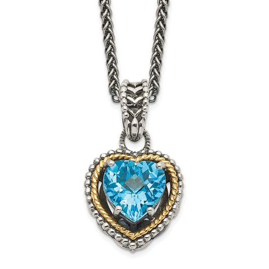 Sterling Silver with 14K Accent Antiqued Heart Swiss Blue Topaz Necklace