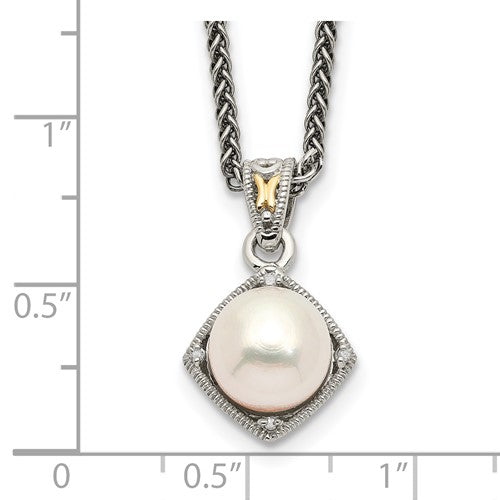 Sterling Silver with 14K Accent Antiqued Cultured Pearl & Diamond Necklace
