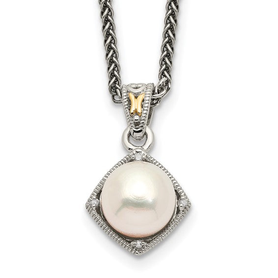 Sterling Silver with 14K Accent Antiqued Cultured Pearl & Diamond Necklace