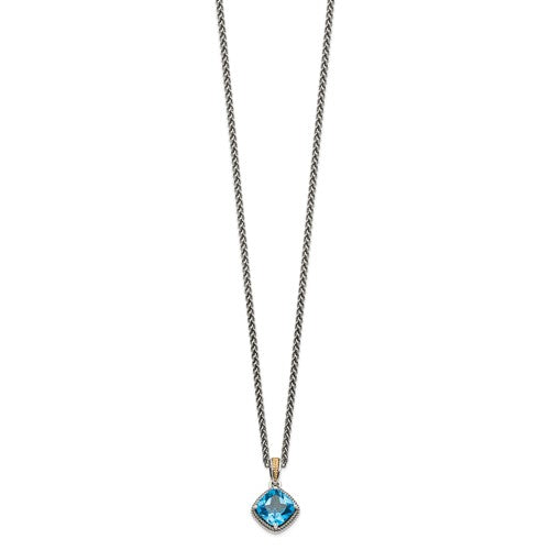 Sterling Silver with 14K Accent Antiqued Cushion Swiss Blue Topaz Necklace