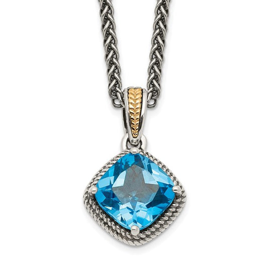 Sterling Silver with 14K Accent Antiqued Cushion Swiss Blue Topaz Necklace