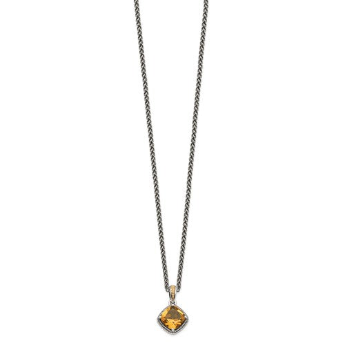 Sterling Silver with 14K Accent Antiqued Cushion Citrine Necklace