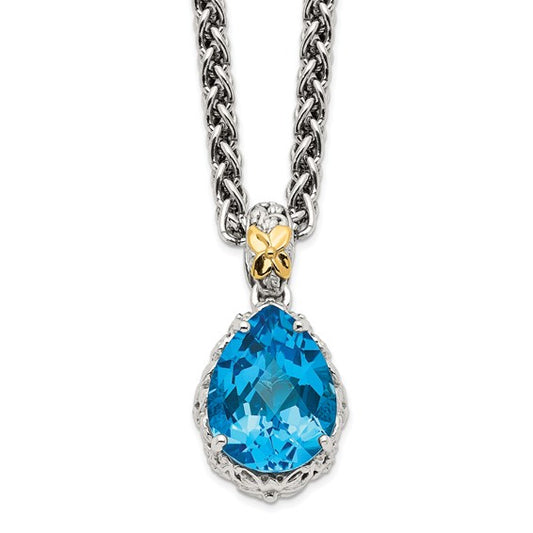 Sterling Silver with 14K Accent Antiqued Pear Swiss Blue Topaz Necklace