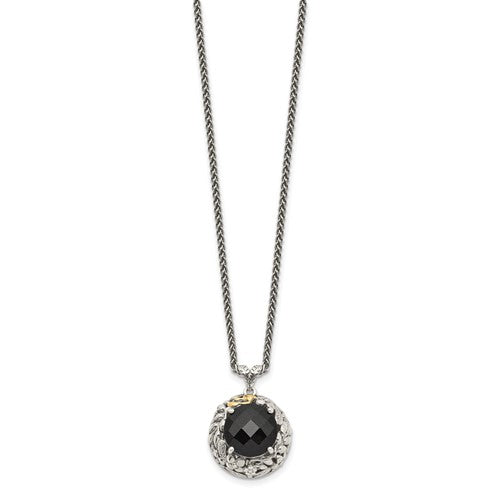 Sterling Silver with 14K Accent Antiqued Round Black Onyx Necklace