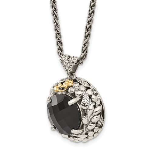 Sterling Silver with 14K Accent Antiqued Round Black Onyx Necklace