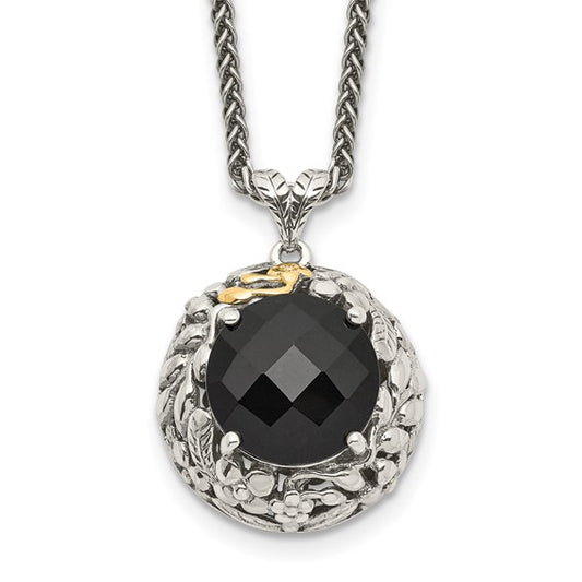 Sterling Silver with 14K Accent Antiqued Round Black Onyx Necklace