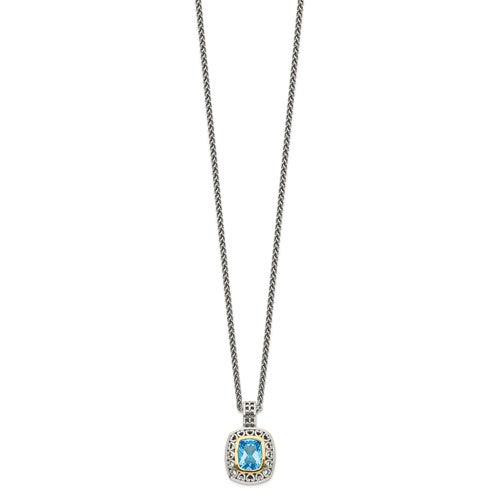 Sterling Silver with 14K Accent Antiqued Cushion Bezel Swiss Blue Topaz Necklace