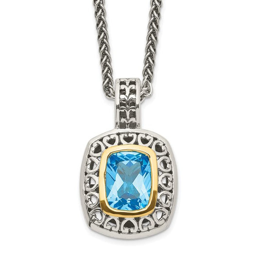 Sterling Silver with 14K Accent Antiqued Cushion Bezel Swiss Blue Topaz Necklace