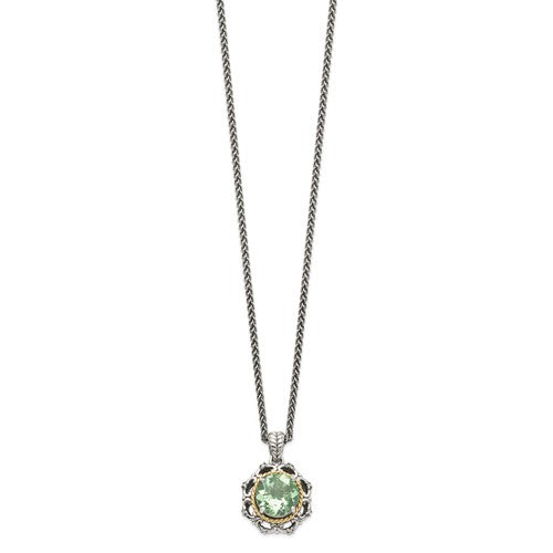 Sterling Silver with 14K Accent Antiqued Round Green Amethyst & Diamond Necklace
