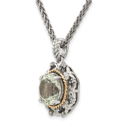 Sterling Silver with 14K Accent Antiqued Round Green Amethyst & Diamond Necklace