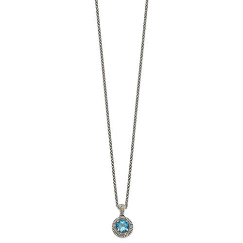 Sterling Silver with 14K Accent Antiqued Round Swiss Blue Topaz Necklace