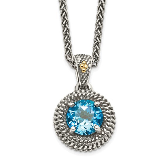 Sterling Silver with 14K Accent Antiqued Round Swiss Blue Topaz Necklace