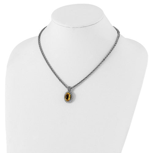 Sterling Silver with 14K Accent Antiqued Oval Citrine Necklace