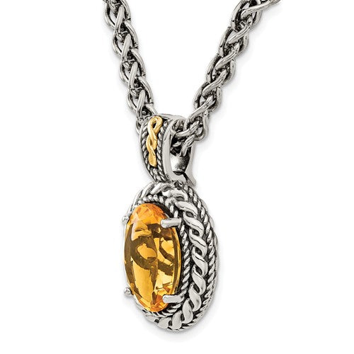 Sterling Silver with 14K Accent Antiqued Oval Citrine Necklace