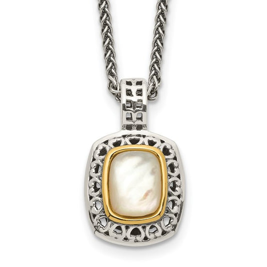 Sterling Silver with 14K Accent Antiqued Mother of Pearl Necklace