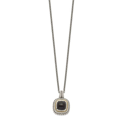 Sterling Silver with 14K Accent Antiqued Cushion Cabochon Black Onyx Necklace