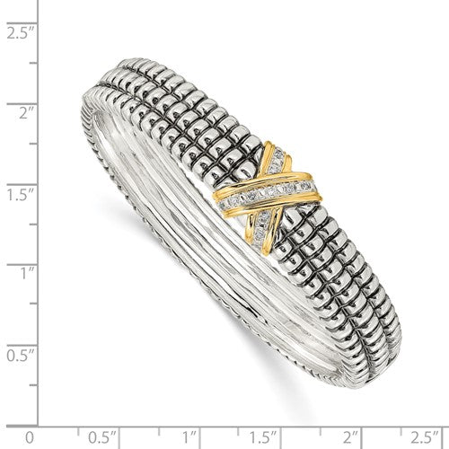 Sterling Silver with 14K Accent Antiqued Diamond X Hinged Bangle Bracelet
