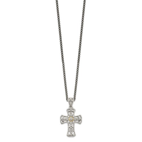 Sterling Silver with 14K Accent Diamond Cross Necklace