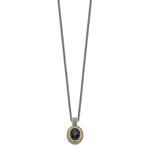 Sterling Silver with 14K Accent Antiqued Oval Black Onyx Necklace