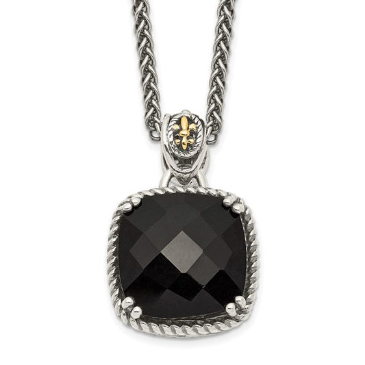 Sterling Silver with 14K Accent Antiqued Checkerboard Cut Black Onyx Necklace