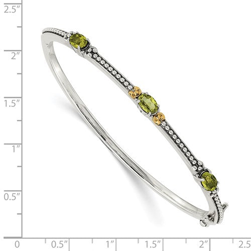 Sterling Silver with 14K Accent Antiqued Oval Peridot Hinged Bangle