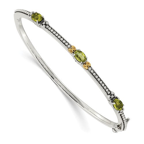 Sterling Silver with 14K Accent Antiqued Oval Peridot Hinged Bangle