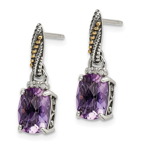 Sterling Silver with 14K Accent Antiqued Cushion Amethyst & Diamond Dangle Earrings