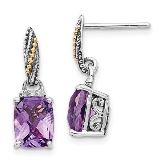 Sterling Silver with 14K Accent Antiqued Cushion Amethyst & Diamond Dangle Earrings