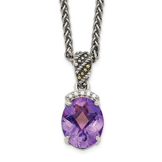 Sterling Silver with 14K Accent Antiqued Oval Amethyst & Diamond Necklace