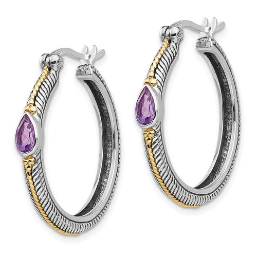 Sterling Silver with 14K Accent Antiqued Pear Amethyst Hoop Earrings