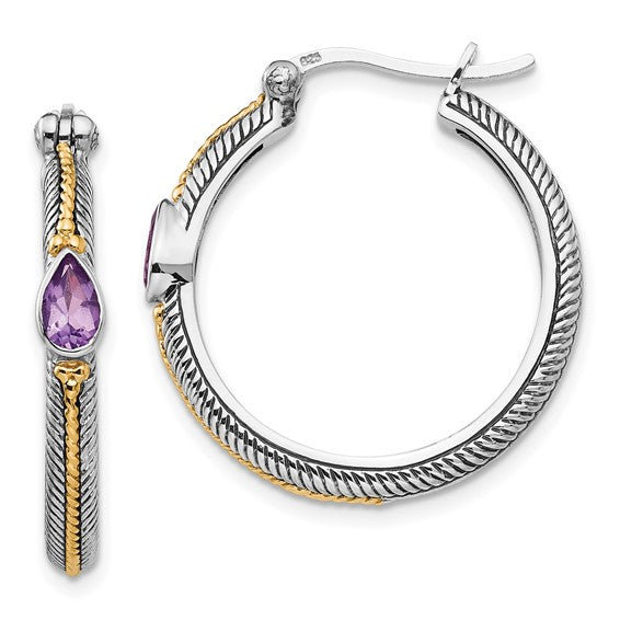 Sterling Silver with 14K Accent Antiqued Pear Amethyst Hoop Earrings